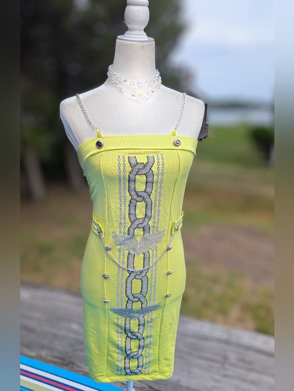 Neon Yellow Chain-Detail Strapless Mini Dress
